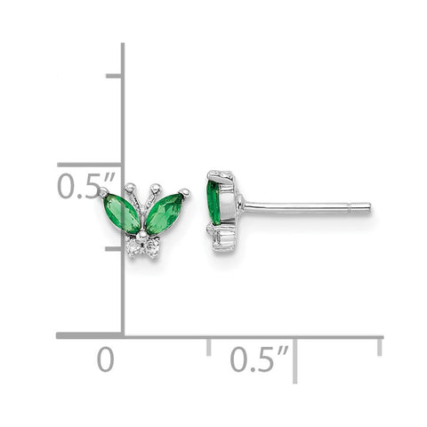 Sterling Silver Rhodium-plated Green & White CZ Butterfly Post Earrings-WBC-QE16556