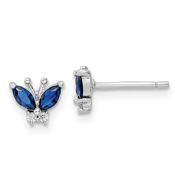 Sterling Silver Rhodium-plated Blue & White CZ Butterfly Post Earrings-WBC-QE16557