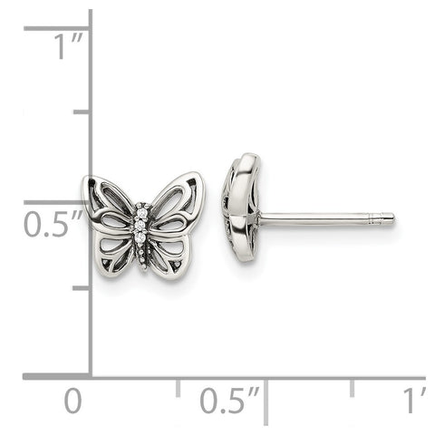 Sterling Silver Antiqued CZ Butterfly Post Earrings-WBC-QE16560