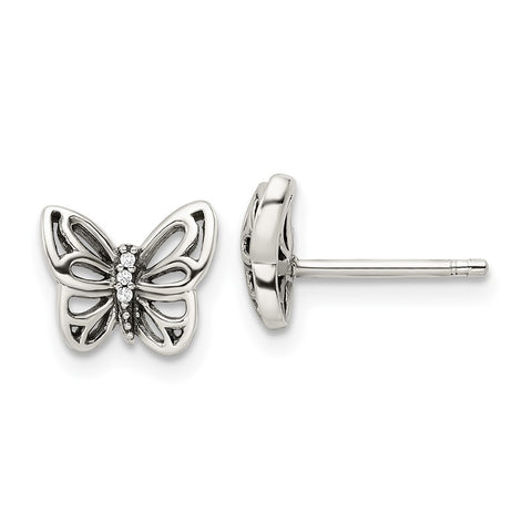 Sterling Silver Antiqued CZ Butterfly Post Earrings-WBC-QE16560
