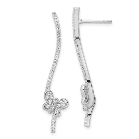 Sterling Silver Rhodium-plated CZ Dangle Bar Butterfly Post Earrings-WBC-QE16565