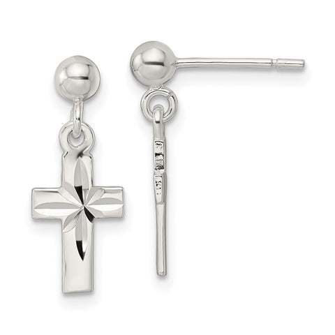 Sterling Silver Polished and D/C Cross Dangle Post Earrings-WBC-QE16576