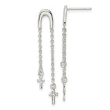 Sterling Silver Polished and D/C Cross Chain Dangle Post Earrings-WBC-QE16578