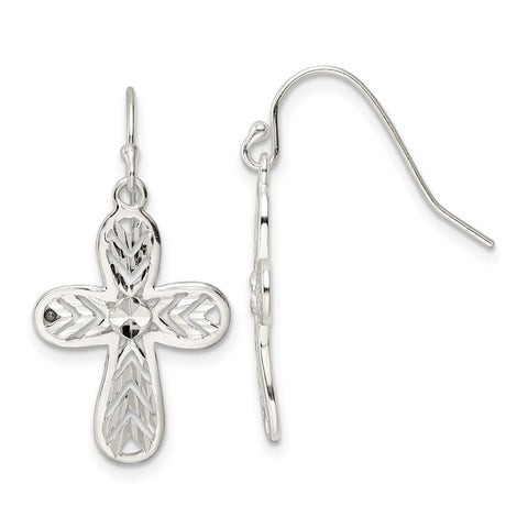 Sterling Silver Diamond-cut Rounded Cross Shepherd Hook Earrings-WBC-QE16581