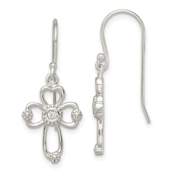 Sterling Silver CZ Cross Shepherd Hook Earrings-WBC-QE16582