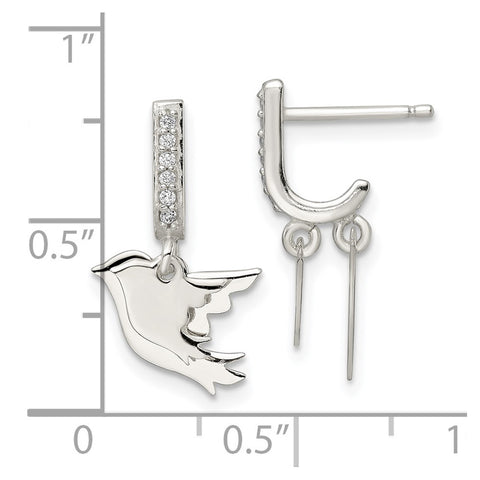 Sterling Silver 2 Birds CZ J-Hoop Post Earrings-WBC-QE16587