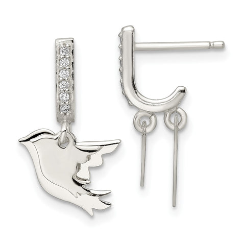 Sterling Silver 2 Birds CZ J-Hoop Post Earrings-WBC-QE16587