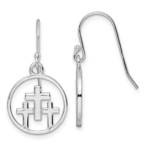 Sterling Silver Rhodium-plated 3 Crosses in Circle Dangle Earrings-WBC-QE16590