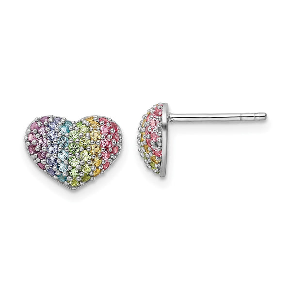 Sterling Silver Rhodium-plated Rainbow Nano Crystal Heart Post Earrings-WBC-QE16592
