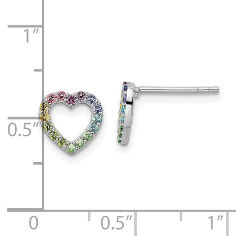 Sterling Silver Rhodium-plated Rainbow Nano Crystal Heart Post Earrings-WBC-QE16593