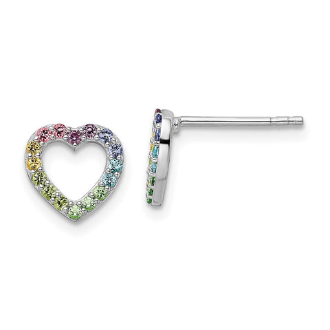 Sterling Silver Rhodium-plated Rainbow Nano Crystal Heart Post Earrings-WBC-QE16593