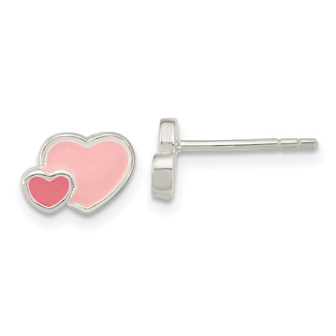Sterling Silver Pink/ Hot Pink Enamel Double Heart Post Earrings-WBC-QE16594