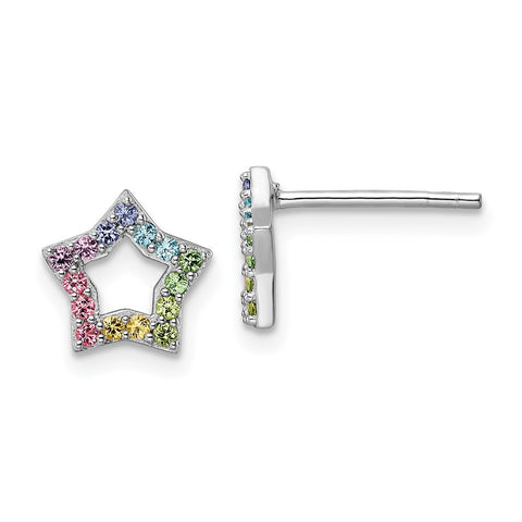 Sterling Silver Rhodium-plated Rainbow Nano Crystal Star Post Earrings-WBC-QE16598