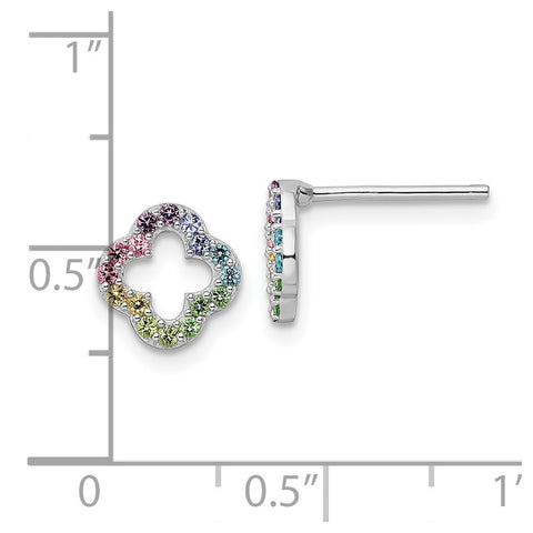 Sterling Silver Rhodium-plated Rainbow Nano Crystal Clover Post Earrings-WBC-QE16599