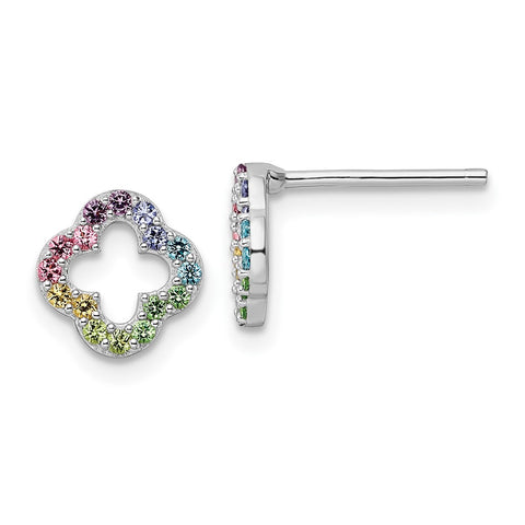 Sterling Silver Rhodium-plated Rainbow Nano Crystal Clover Post Earrings-WBC-QE16599