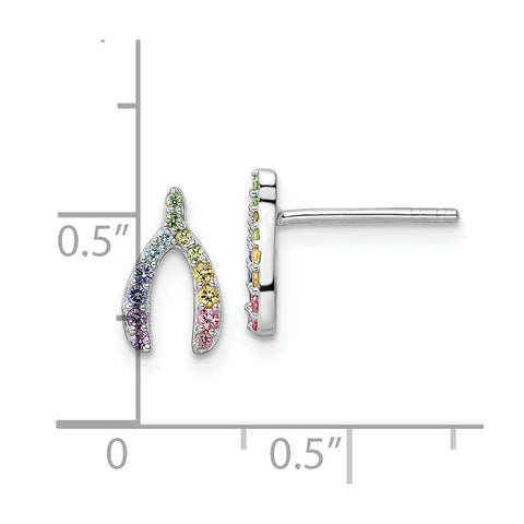 Sterling Silver Rhodium-plated Rainbow Nano Crystal Wishbone Post Earrings-WBC-QE16600