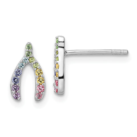 Sterling Silver Rhodium-plated Rainbow Nano Crystal Wishbone Post Earrings-WBC-QE16600