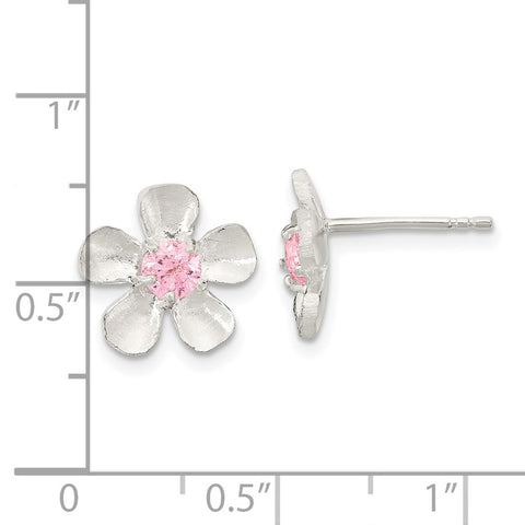 Sterling Silver Brushed & Polished Pink CZ Flower Post Earrings-WBC-QE16609