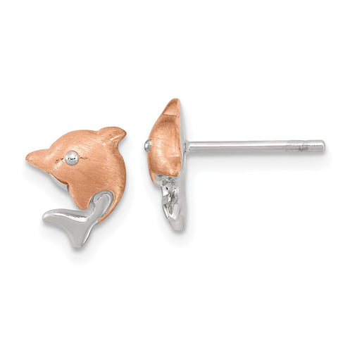 Sterling Silver RH-plated & Rose Gold-plated Dolphin Post Earrings-WBC-QE16620