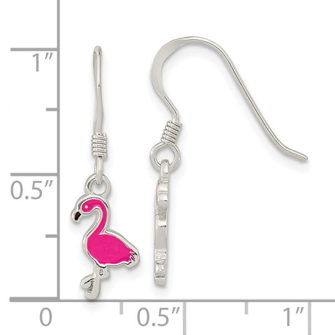 Sterling Silver Hot Pink Enamel Flamingo Dangle Earrings-WBC-QE16622