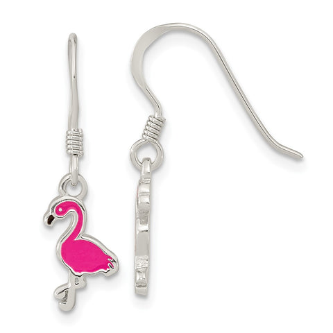 Sterling Silver Hot Pink Enamel Flamingo Dangle Earrings-WBC-QE16622