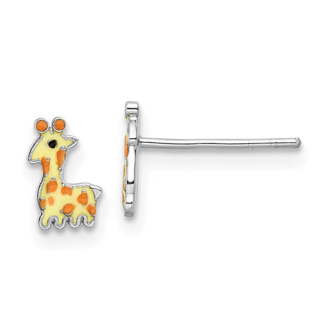 Sterling Silver Rhodium-plated Enameled Giraffe Post Earrings-WBC-QE16635