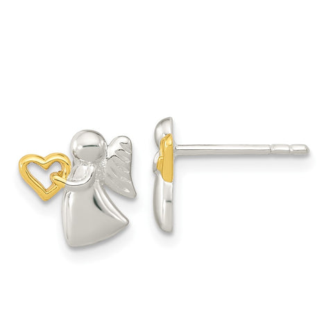 Sterling Silver Angel Gold Tone Heart Polished Post Earrings-WBC-QE16638