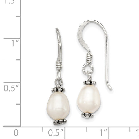 Sterling Silver White FWC Pearl Antiqued Bead Dangle Earrings-WBC-QE2009