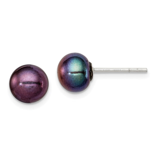 Sterling Silver 7-8mm Black FW Cultured Pearl Button Earrings-WBC-QE2031