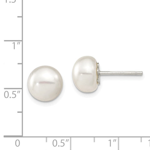 Sterling Silver White FW Cultured Pearl 9-10mm Button Earrings-WBC-QE2033