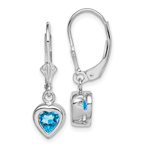 Sterling Silver Rhodium 6mm Heart Blue Topaz Leverback Earrings-WBC-QE2047BT