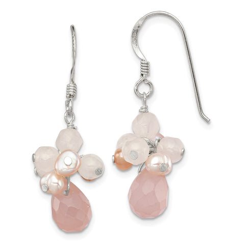 Sterling Silver Rose Quartz/Pink FW Cultured Pearl Earrings-WBC-QE2209