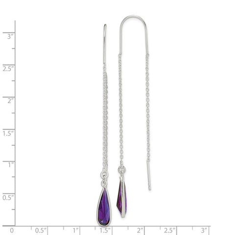 Sterling Silver Purple CZ Teardrop Threader Earrings-WBC-QE2332