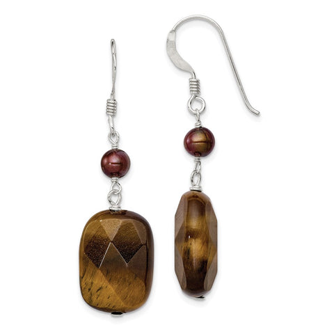 Sterling Silver Tigers Eye and Golden FW Cultured Pearl Earrings-WBC-QE2405