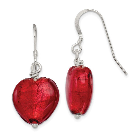 Sterling Silver Red Murano Glass Heart Earrings-WBC-QE2873