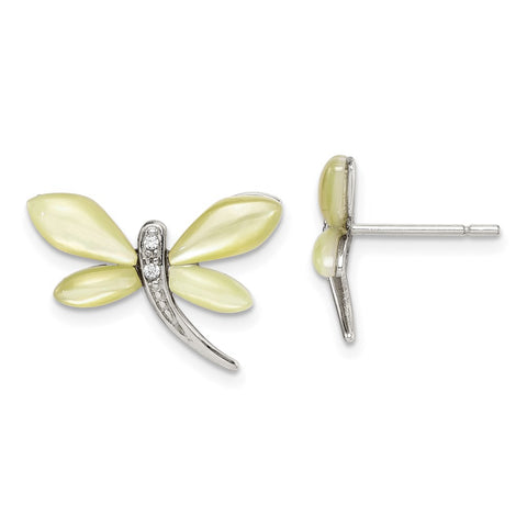 Sterling Silver CZ/Yellow Mother of Pearl Dragonfly Earrings-WBC-QE3083