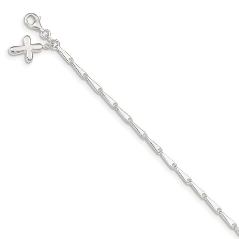 Sterling Silver 10 in Solid Polished Cross on Fancy Link Anklet-WBC-QG1188-10