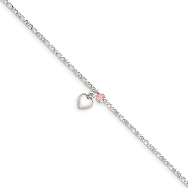 Sterling Silver Cherry Quartz Dangling Hearts on Figaro Link Anklet-WBC-QG1214-9