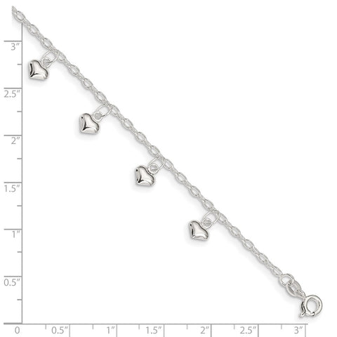 Sterling Silver 9inch Plus 1in Ext Polished Puffed Heart Anklet-WBC-QG1227-9