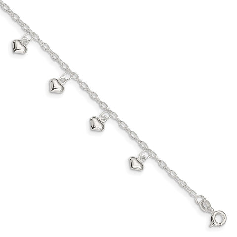 Sterling Silver 9inch Plus 1in Ext Polished Puffed Heart Anklet-WBC-QG1227-9