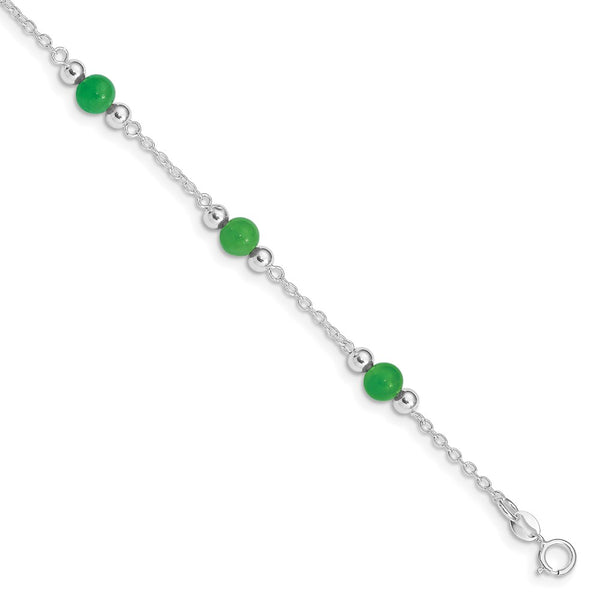 Sterling Silver Rhodium-plated 9inch Polished Green Jade Anklet-WBC-QG1231-9