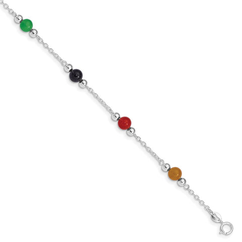 Sterling Silver Rhodium-plated 9inch Polished Multi-Color Jade Anklet-WBC-QG1233-9