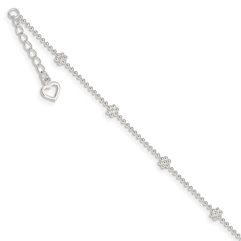 Sterling Silver 9in Plus 1in ext Polished Flower Anklet-WBC-QG1236-10
