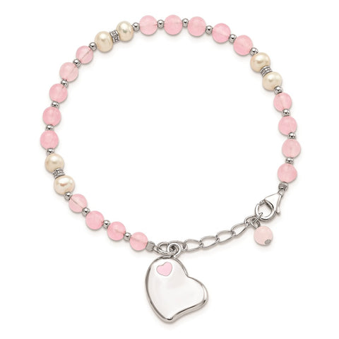 Sterling Silver Rhod-plated FWCP/Rose Quartz 6in Plus 1inext Heart Bracelet-WBC-QG1338-6