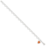 Sterling Silver Orange Synthetic Crystal stone Heart Link Anklet-WBC-QG1347-10
