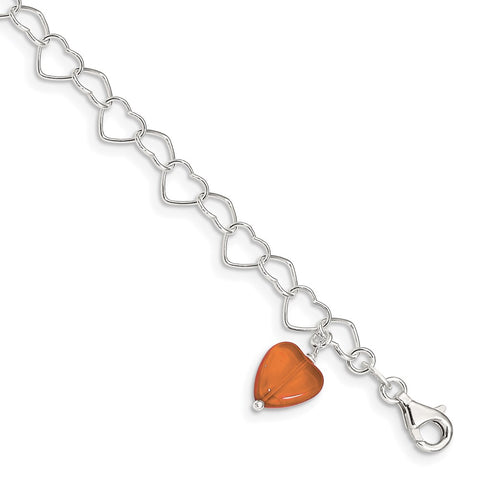 Sterling Silver Orange Synthetic Crystal stone Heart Link Anklet-WBC-QG1347-10