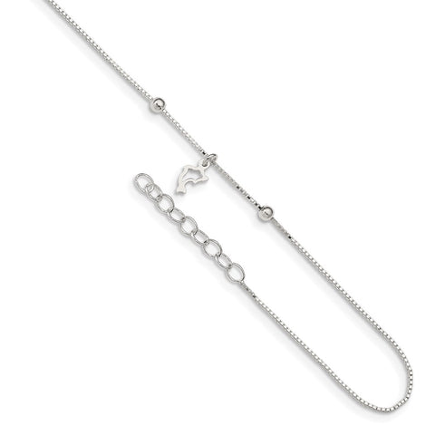 Sterling Silver Box Chain 9in Plus 1in Dolphin Anklet-WBC-QG1357-9