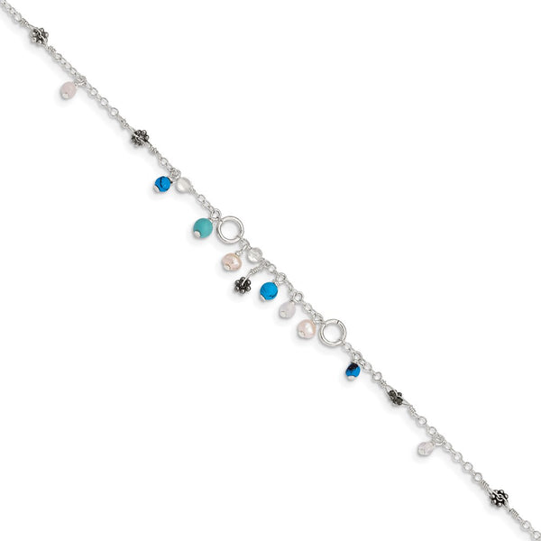 Sterling Silver Turquoise/Clear Bead/FW Cultured Pearl Anklet-WBC-QG1392-9