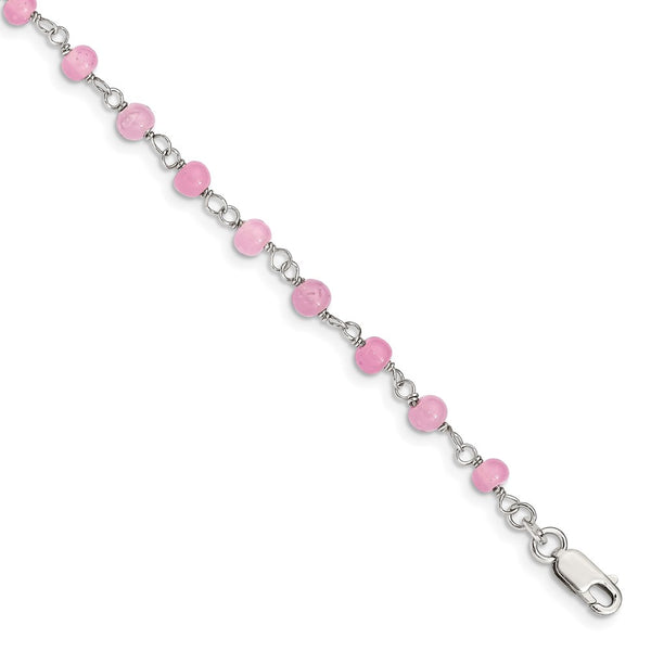 Sterling Silver Pink Glass Bead with Heart 8in Plus 1in ext Anklet-WBC-QG1428-9