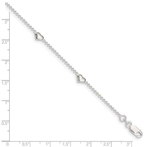 Sterling Silver Dangling Heart 9in Plus 1in ext Anklet-WBC-QG1435-10
